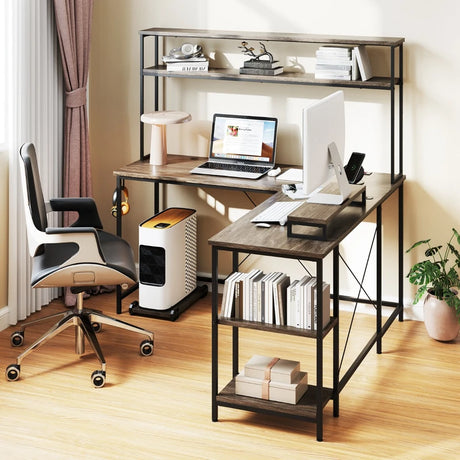 L-Shaped Gaming Desk with LED Strip and Power Outlets-Grey