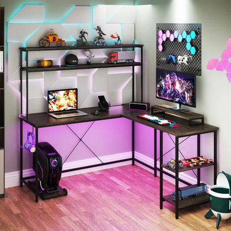 L-Shaped Gaming Desk with LED Strip and Power Outlets-Grey