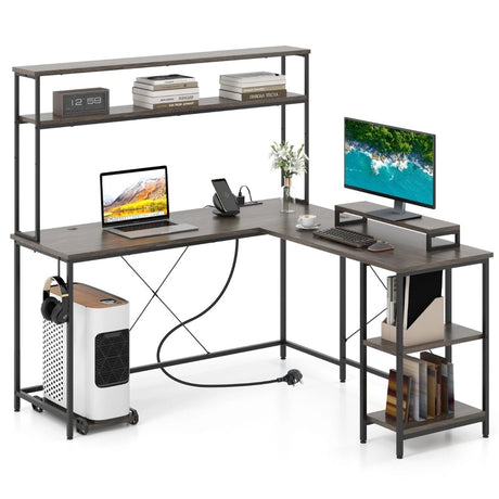 L-Shaped Gaming Desk with LED Strip and Power Outlets-Grey