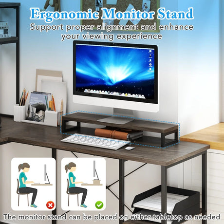 L-Shaped Gaming Desk with LED Strip and Power Outlets-Grey
