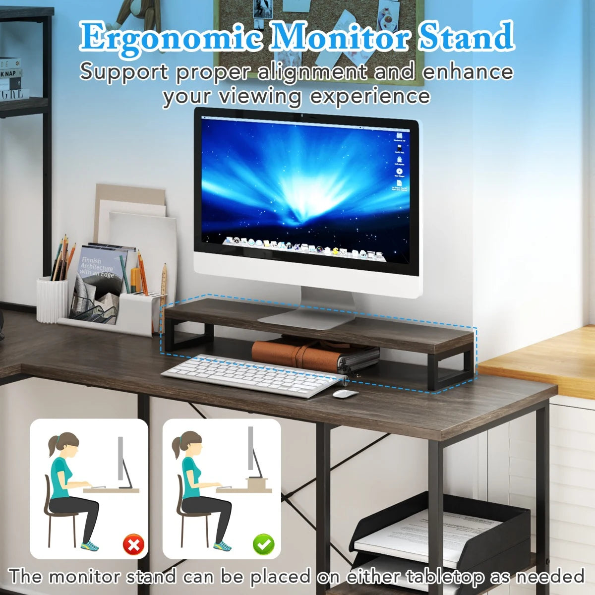 L-Shaped Gaming Desk with LED Strip and Power Outlets-Grey