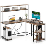 L-Shaped Gaming Desk with LED Strip and Power Outlets-Rustic Brown