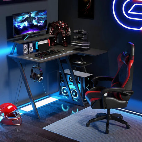 L-Shaped Gaming Desk with Outlets USB Ports and Monitor Shelf-Black