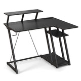 L-Shaped Gaming Desk with Outlets USB Ports and Monitor Shelf-Black