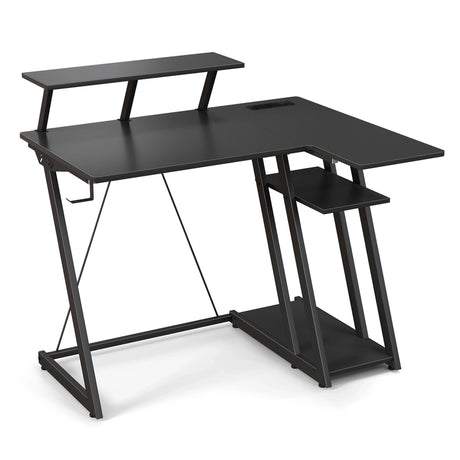 L-Shaped Gaming Desk with Outlets USB Ports and Monitor Shelf-Black