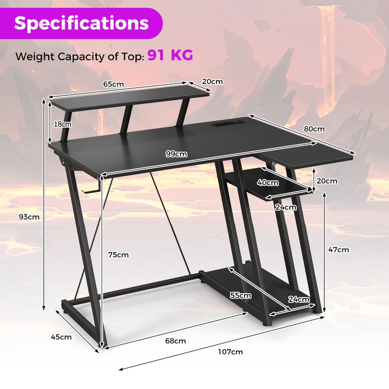 L-Shaped Gaming Desk with Outlets USB Ports and Monitor Shelf-Black