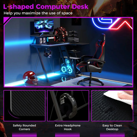 L-Shaped Gaming Desk with Outlets USB Ports and Monitor Shelf-Black