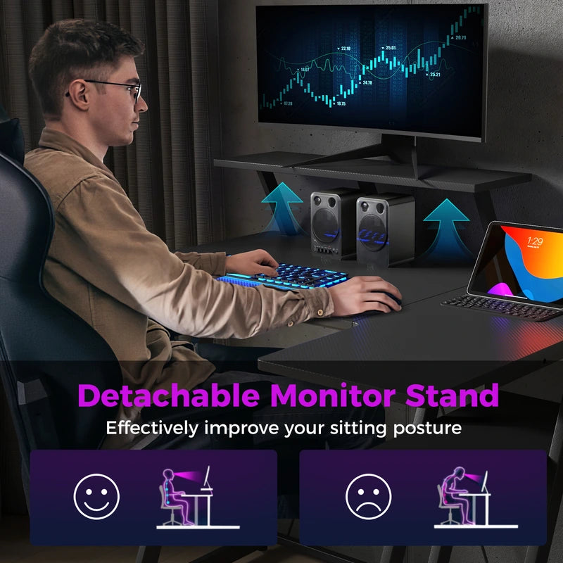 L-Shaped Gaming Desk with Outlets USB Ports and Monitor Shelf-Black