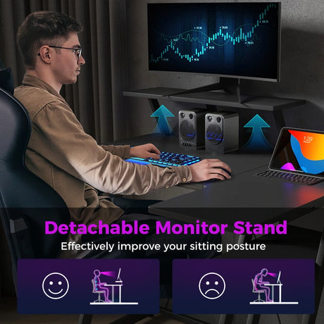 L-Shaped Gaming Desk with Outlets USB Ports and Monitor Shelf-Black