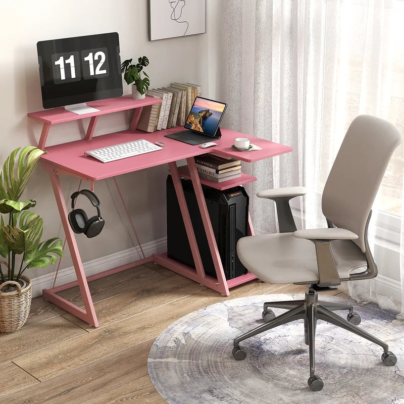 L-Shaped Gaming Desk with Outlets USB Ports and Monitor Shelf-Pink