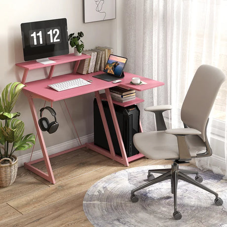 L-Shaped Gaming Desk with Outlets USB Ports and Monitor Shelf-Pink