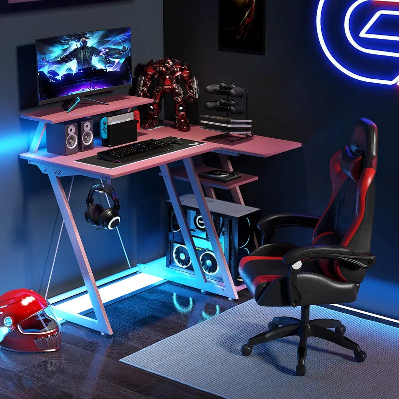 L-Shaped Gaming Desk with Outlets USB Ports and Monitor Shelf-Pink