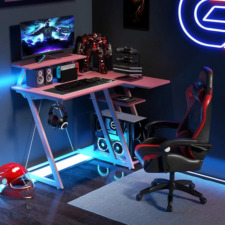 L-Shaped Gaming Desk with Outlets USB Ports and Monitor Shelf-Pink