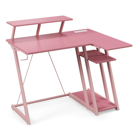 L-Shaped Gaming Desk with Outlets USB Ports and Monitor Shelf-Pink