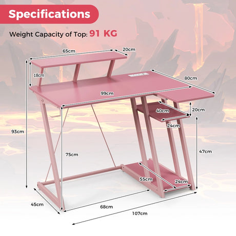 L-Shaped Gaming Desk with Outlets USB Ports and Monitor Shelf-Pink
