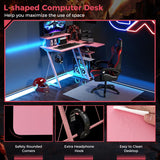 L-Shaped Gaming Desk with Outlets USB Ports and Monitor Shelf-Pink