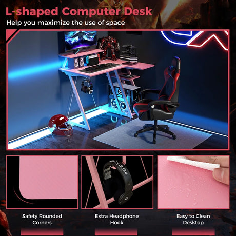 L-Shaped Gaming Desk with Outlets USB Ports and Monitor Shelf-Pink