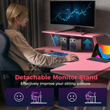 L-Shaped Gaming Desk with Outlets USB Ports and Monitor Shelf-Pink