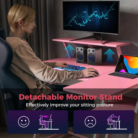 L-Shaped Gaming Desk with Outlets USB Ports and Monitor Shelf-Pink