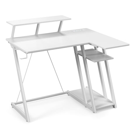 L-Shaped Gaming Desk with Outlets USB Ports and Monitor Shelf-White