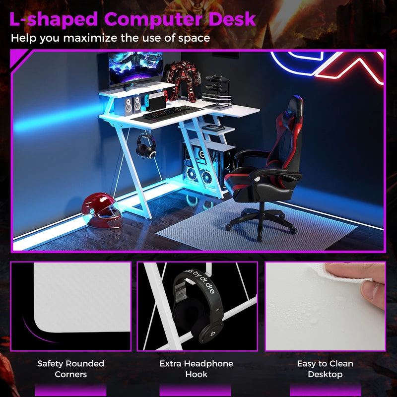 L-Shaped Gaming Desk with Outlets USB Ports and Monitor Shelf-White