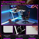 L-Shaped Gaming Desk with Outlets USB Ports and Monitor Shelf-White