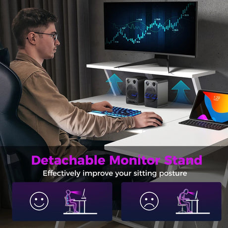 L-Shaped Gaming Desk with Outlets USB Ports and Monitor Shelf-White