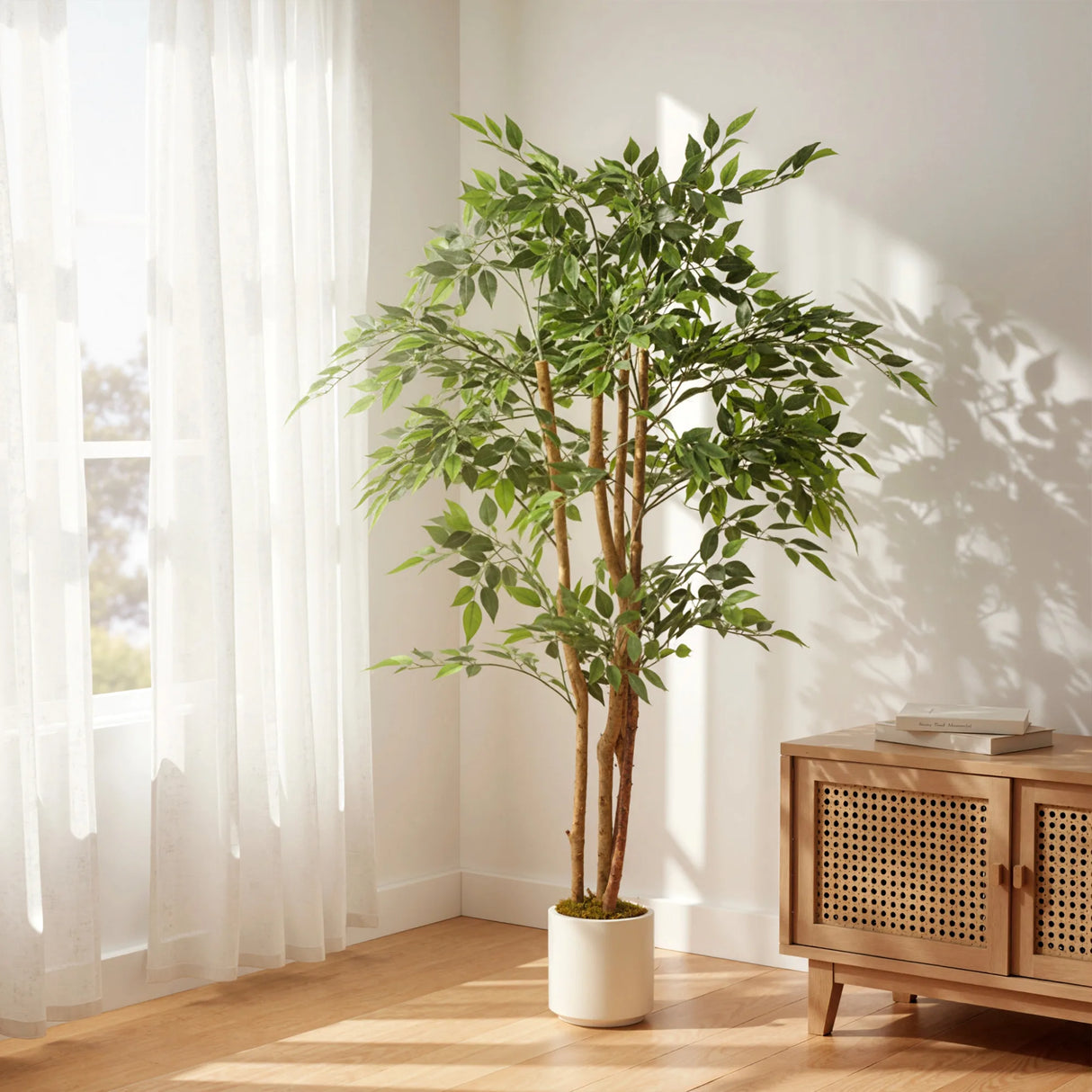 HOMCOM 150cm Artificial Ficus Tree, Fake Potted Tree with Solid Wood Trunk and Pot for Indoor, Green