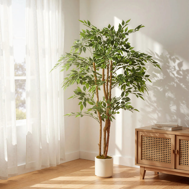 HOMCOM 150cm Artificial Ficus Tree, Fake Potted Tree with Solid Wood Trunk and Pot for Indoor, Green