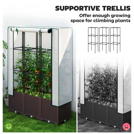 Outsunny Raised Garden Bed with Trellis, Plastic Planter Box with PE Cover, Drainage Holes, Drain Plugs and Water Reservoirs for Climbing Plants, Vegetables, Flowers, 120 x 40 x 140 cm
