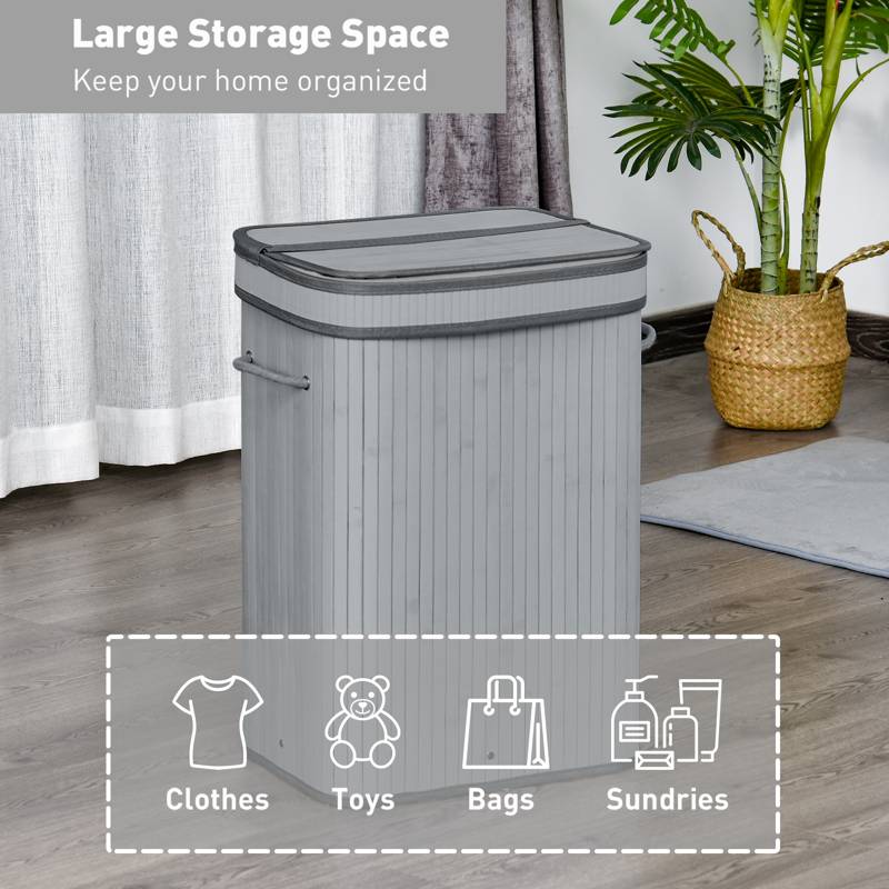 HOMCOM 70L Natural Wood Laundry Basket A Compartment w/Flip Lid Removable Lining Handles Board Base Foldable Durable Water-Resistant Dirty Clothes Storage Home Organisation Grey