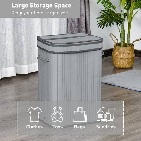 HOMCOM 70L Natural Wood Laundry Basket A Compartment w/Flip Lid Removable Lining Handles Board Base Foldable Durable Water-Resistant Dirty Clothes Storage Home Organisation Grey