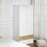 HOMCOM 2-Door Wardrobe with 2 Drawers, Hanging Rod and Anti-tipping Straps for Bedroom Clothes Storage Organisation, White
