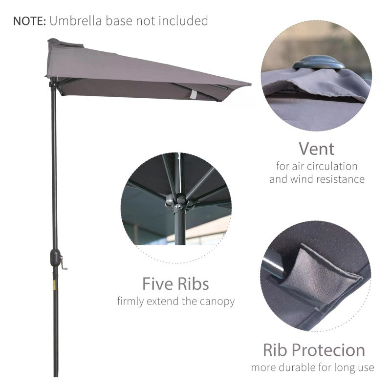 Outsunny Balcony Half Parasol Semi Round Umbrella Patio Crank Handle (2.3 m, Grey)- NO BASE INCLUDED