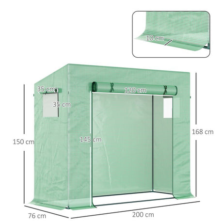 Outsunny Small Walk-in Garden Greenhouse with Steel Frame, Large Roll-up Door and Windows, 200Lx76Wx168Hcm, Green