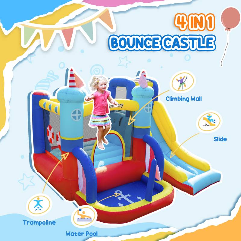 Outsunny 4 in 1 Kids Bouncy Castle Large Sailboat Style Inflatable House Slide Trampoline Water Pool Climbing Wall with Blower Carrybag for Kids Age 3-8, 2.65 x 2.6 x 2m