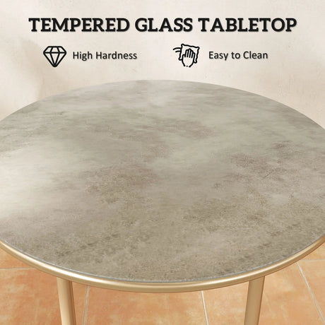 Outsunny Round Coffee Table, Modern End Side Table with Faux Marble Tempered Glass Top, Steel Frame for Living Room, Bedroom, Office, Beige