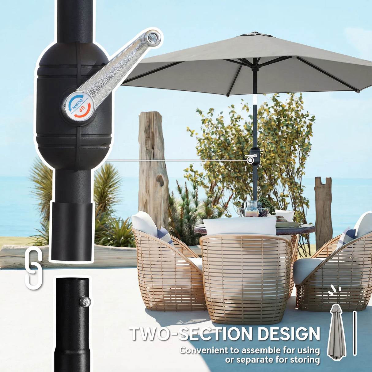 Outsunny 2.6 m Garden Parasol Umbrella with Aluminium Pole, Outdoor Patio Umbrella with Tilt and Crank, Vent, Light Grey