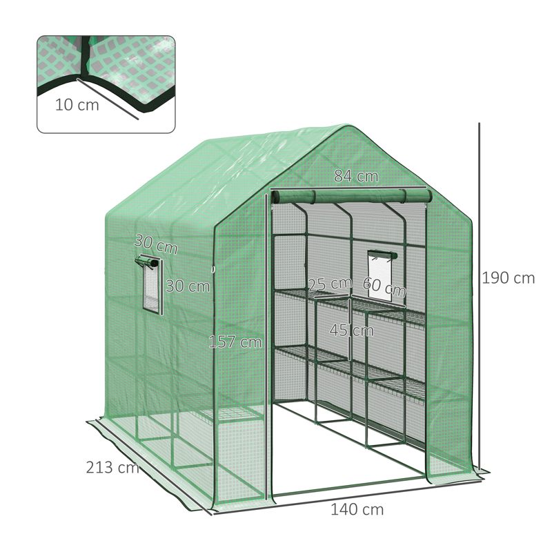 Outsunny Walk-in Greenhouse with 3 Tier 12 Shelves, Small Greenhouse with Reinforced PE Cover, Garden Plant Growhouse with Roll-up Door and Three Mesh Windows, 140 x 213 x 190 cm, Green