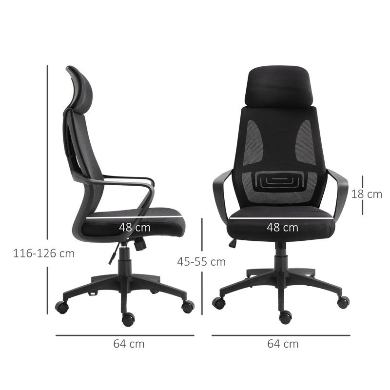 Vinsetto Ergonomic Office Chair, High Back Computer Chair, Mesh Desk Chair with Lumbar Support, Headrest, Wheel, Adjustable Height, Black