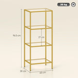 HOMCOM 4-Tier Shelving Unit, Glass Shelf, Vertical Storage Shelf for Living Room, Home Office, Bedroom, Bathroom, Gold Tone
