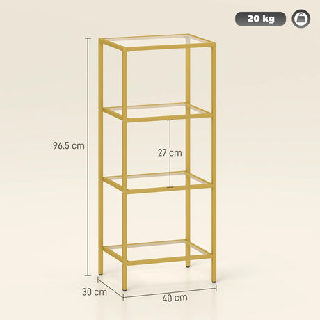 HOMCOM 4-Tier Shelving Unit, Glass Shelf, Vertical Storage Shelf for Living Room, Home Office, Bedroom, Bathroom, Gold Tone