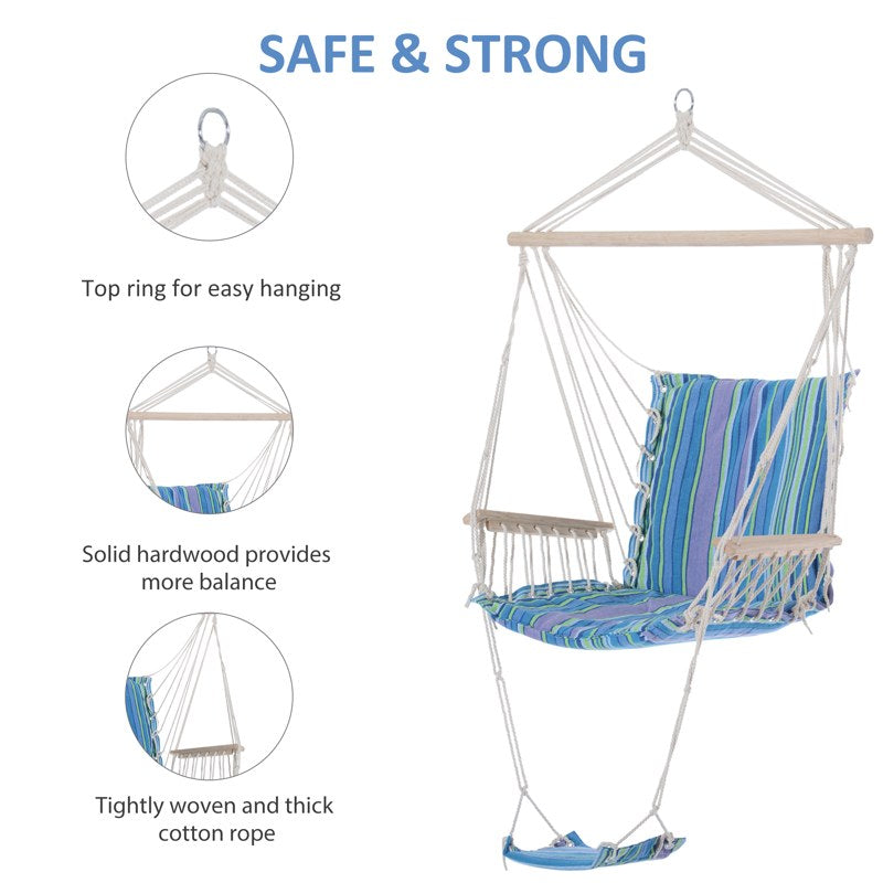 Outsunny Hanging Rope Chair with Soft Padded Seat & Backrest, Portable Garden Hammoc Chair with Wooden Support Bar, Armrests, Cotton Cloth, Footrest, for Patio & Tree, Blue