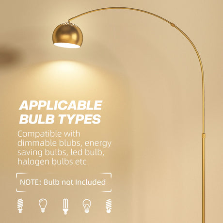 HOMCOM 180cm Arc Floor Lamp for Living Room, Modern Adjustable Standing Lamp with Foot Switch, Faux Black Marble Base and Bell Shade for Home Offices, Bedrooms, Gold Tone