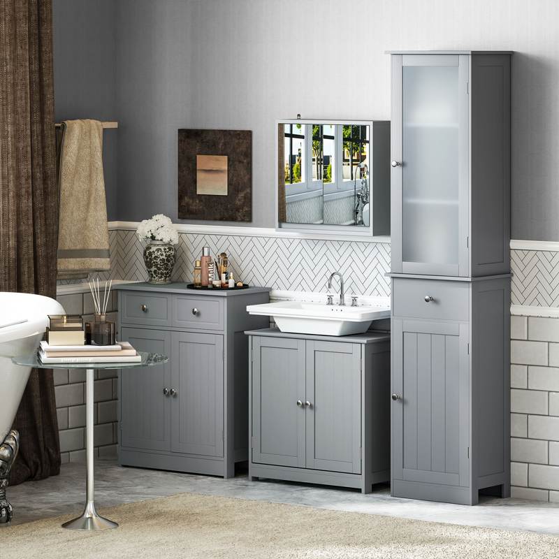 kleankin 75x60cm Freestanding Bathroom Storage Cabinet Unit w/ 2 Drawers Cupboard Adjustable Shelf Metal Handles Traditional Style Grey