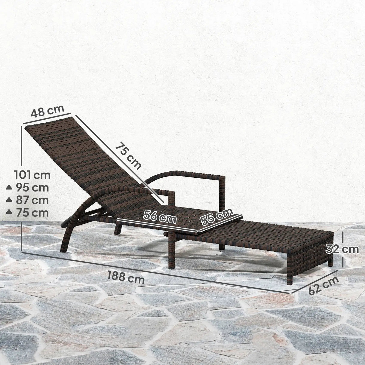 Outsunny Reclining Rattan Lounger, with Extending Footrest - Brown