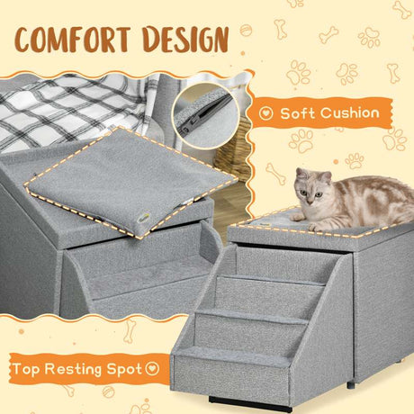 PawHut 2 in 1 Dog Steps Ottoman, Four-Tier Pet Stairs, for Small, Medium Dogs and Cats, with Storage Compartment - Grey