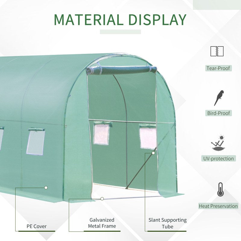 Outsunny Walk-in Polytunnel Greenhouse, Outdoor Garden Tunnel Greenhouse Tent with Zipped Roll-Up Door and 6 Mesh Windows, 3 x 2M