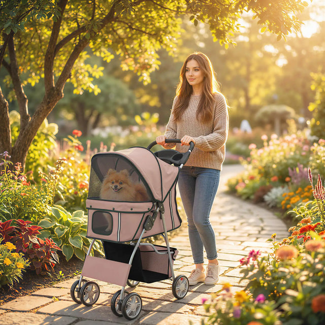 PawHut Dog Pram, Pet Stroller with Reflective Strips, Foldable Cat Stroller with 360 Swivel Wheels, Brown