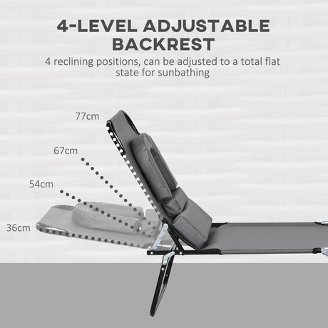 Outsunny Outdoor Folding Sun Lounger Set of 2 with Face Hole, 4 Level Adjustable Backrest Reclining Garden Lounger, Garden Recliner Sunbed with 600 D Oxford Cloth Seat and Pillow for Beach, Dark Grey